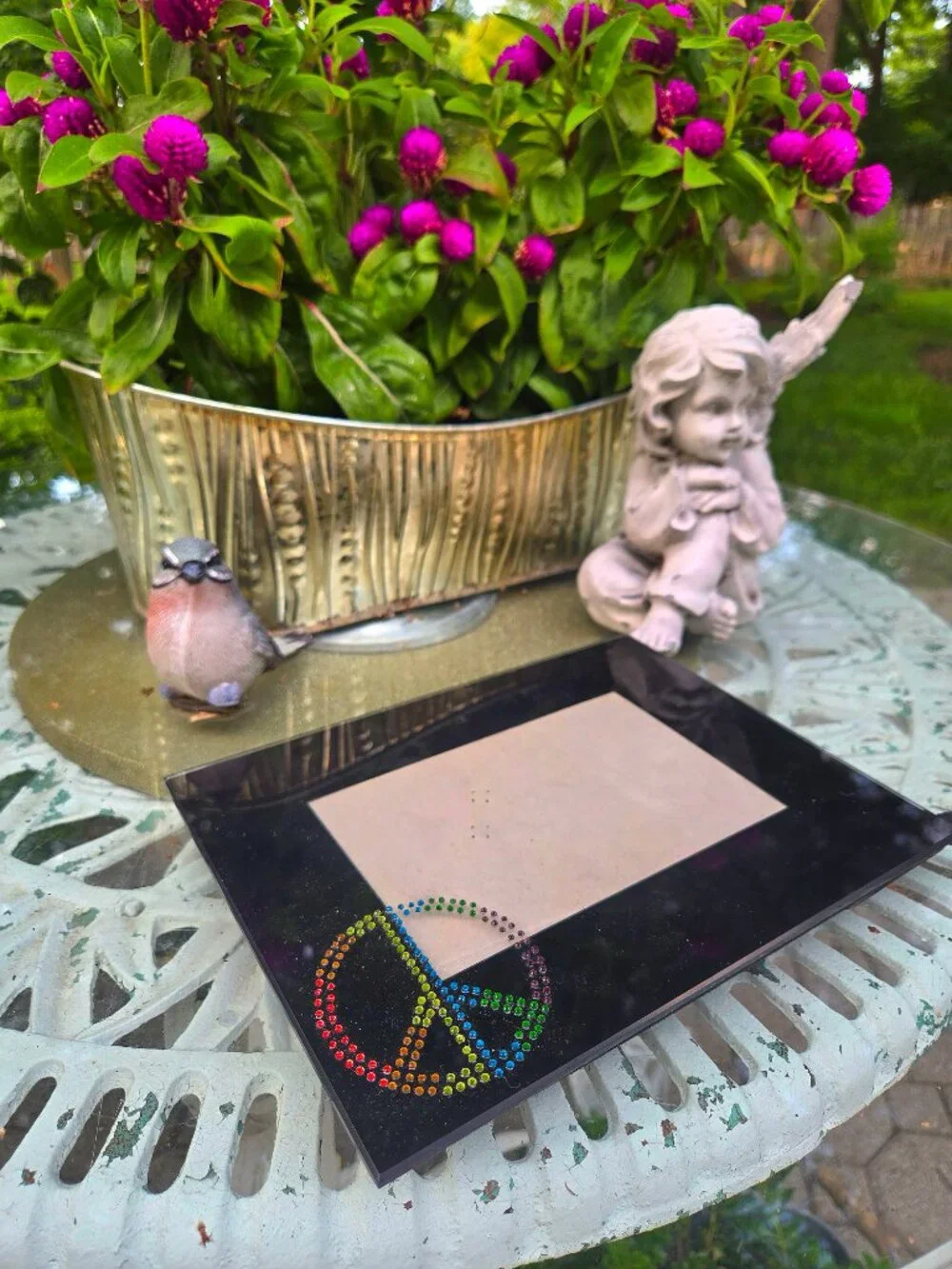 Retro y2k Rainbow Rhinestone Peace Sign Photo Frame - Glossy Black Glass